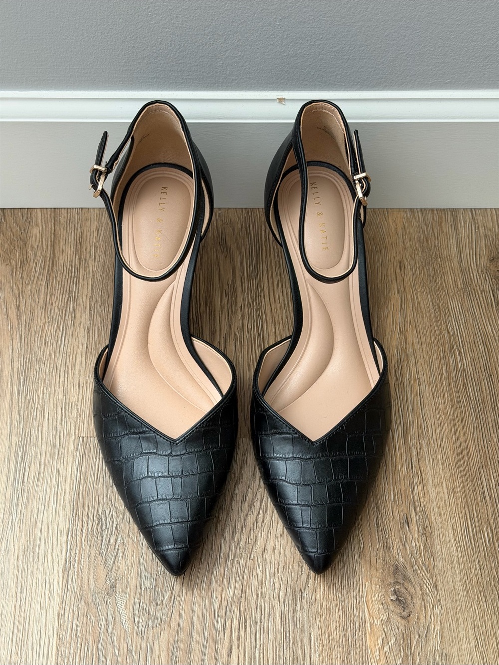 Kelly & Katie Black Croc-Embossed Pointed Toe Ankle-Strap Heels